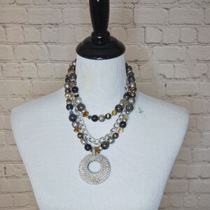 Premier Designs Silver and Brown Beaded Necklace